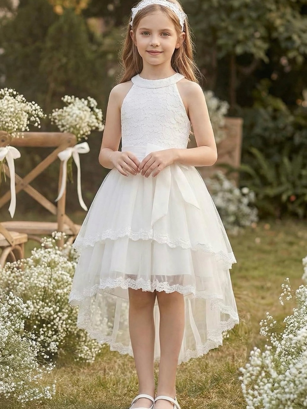 Grace Karin White Lace High-Low Tulle Flower Girl Dress